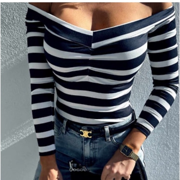 DANITA STRIPED FRONT RUCHED OFF SHOULDER BODYSUIT TOP - Picture 2 of 3